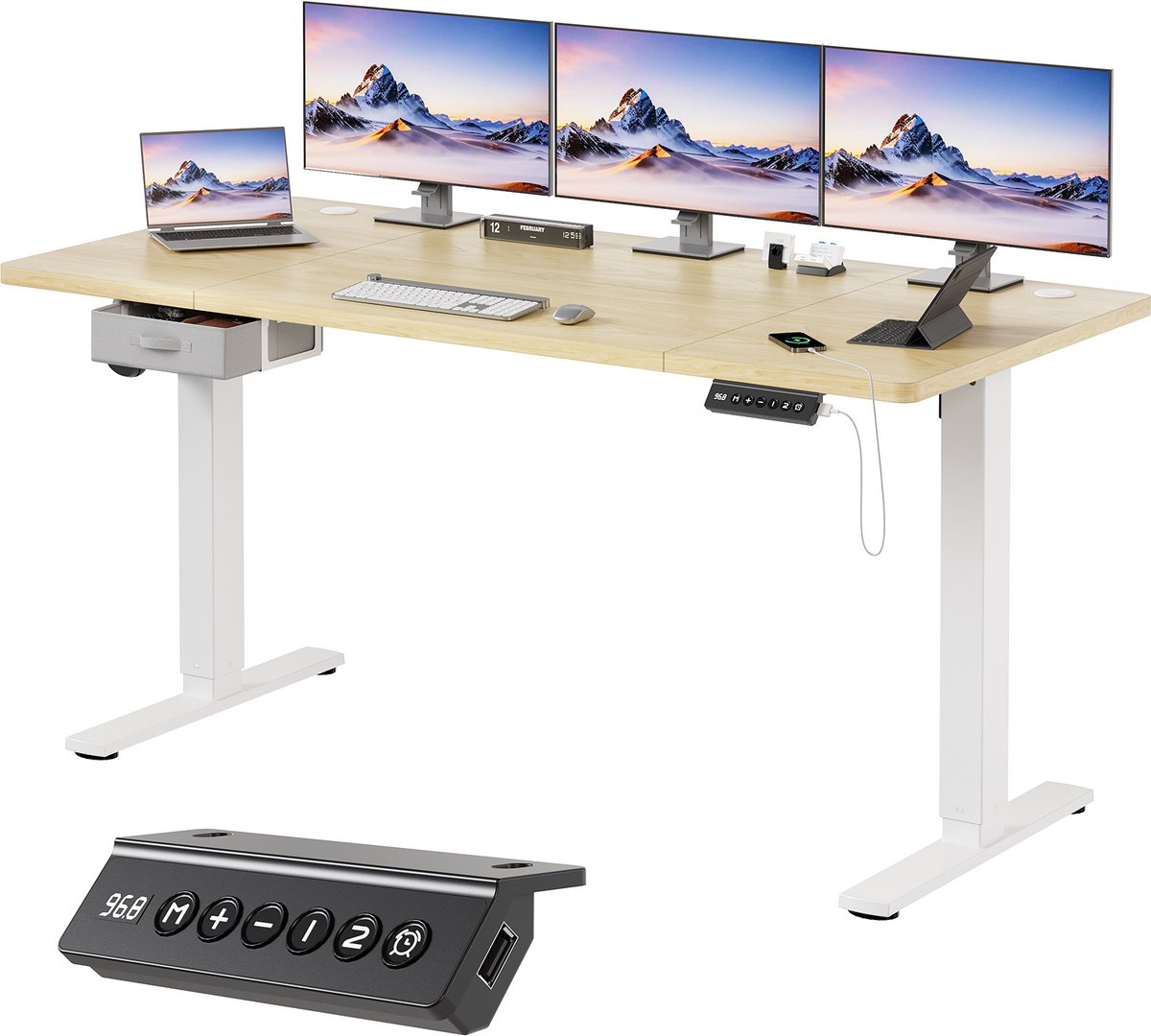 Devoko Zit-Sta Bureau 180x80 cm - Elektrisch Verstelbaar Bureau - Met Stoffen Lade - Zit-Alarm - Digitaal Display - USB - Wit/Beige