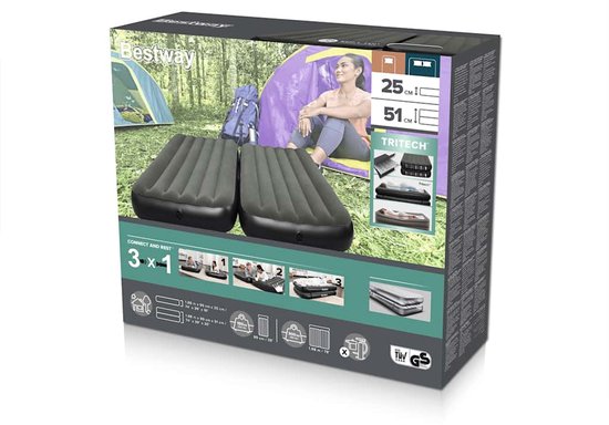 Doos van Bestway luchtbedden met afbeeldingen van het product, afmetingen 25cm en 51cm, en de tekst 'TRITECH AIRBED TWIN/KING CONNECT AND REST 3-IN-1'.