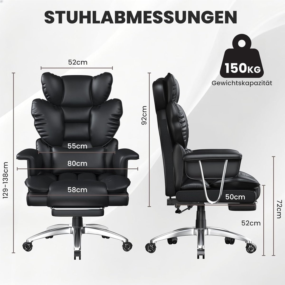 Luxe Ergonomische Directiestoel met Voetsteun - Grote Bureaustoel met Hoge Rugleuning en Hoofdsteun - Comfortabele Computerstoel voor Kantoor & Home Office - Premium PU-Leder 72x77x140 cm Zwart