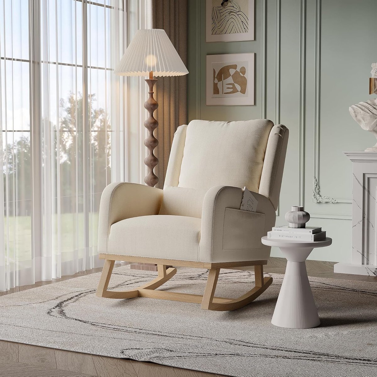 LunaComfort Luxe Schommelstoel met Zijvak en Massief Houten Poten 96 x 70 x 93 cm - Beige