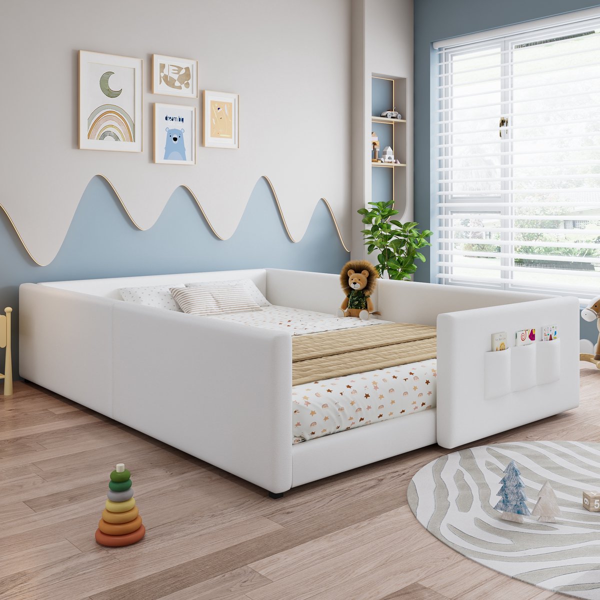 STILVORA Kinderbed 140x200 cm – Gestoffeerd Bed met 3 Opbergvakken – Omrand Ontwerp – Zonder Matras – PU – Wit