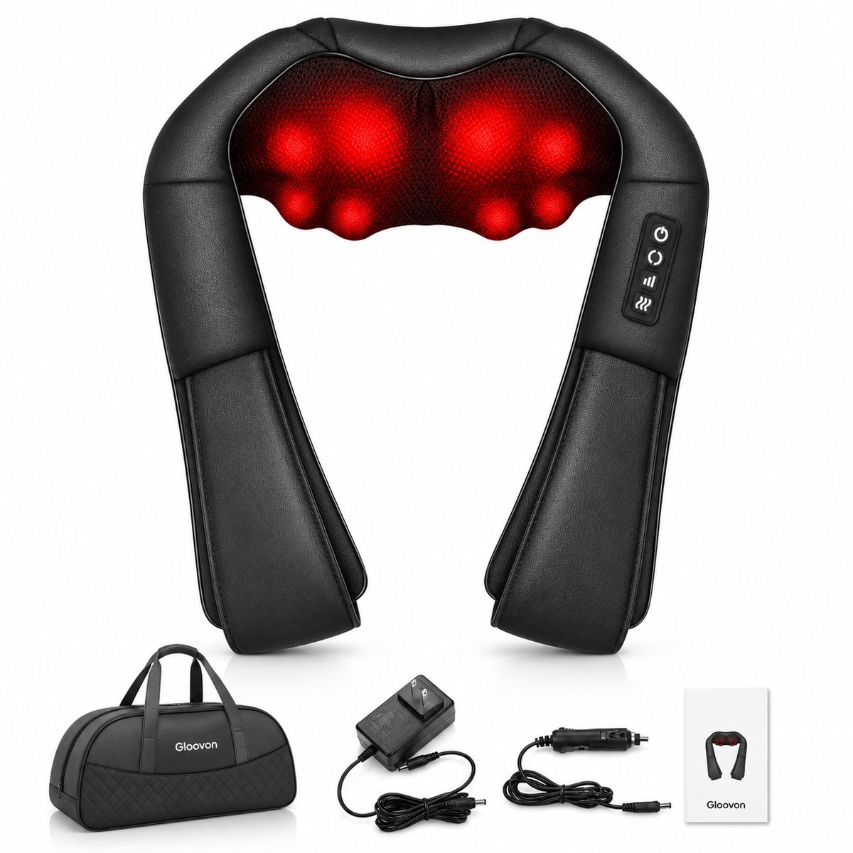 Gloovon® Shiatsu Massage Apparaat - Nek en Schouder met Warmtefunctie - 16 Massagekoppen & 3 Standen - Inclusief Luxe Draagtas - Zwart