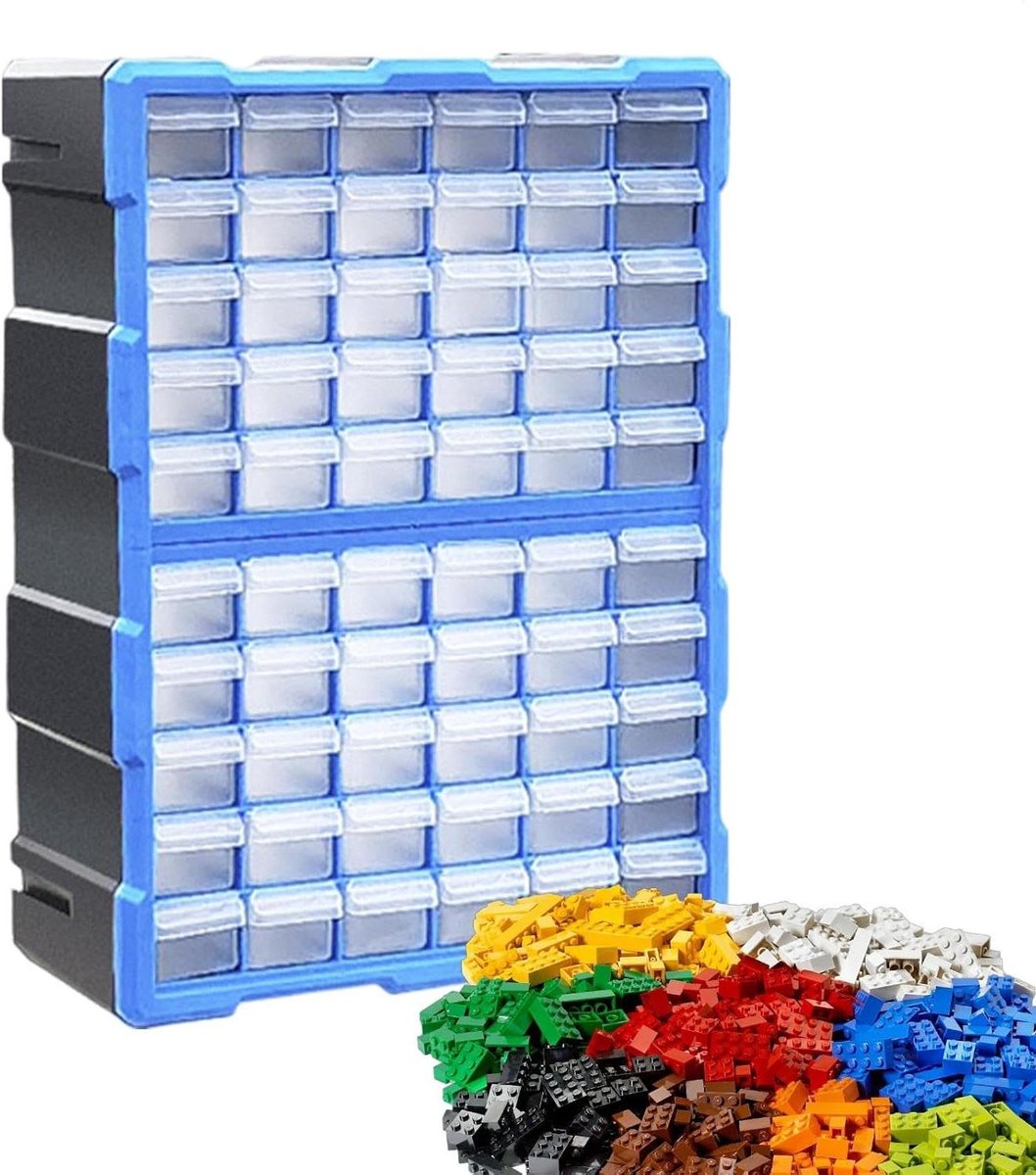 Opbergkast Organizer - Ladenkast Onderdelen - Hobby Werkplaats - 60 Transparante Vakken - 48.5 x 37.5 cm - Blauw