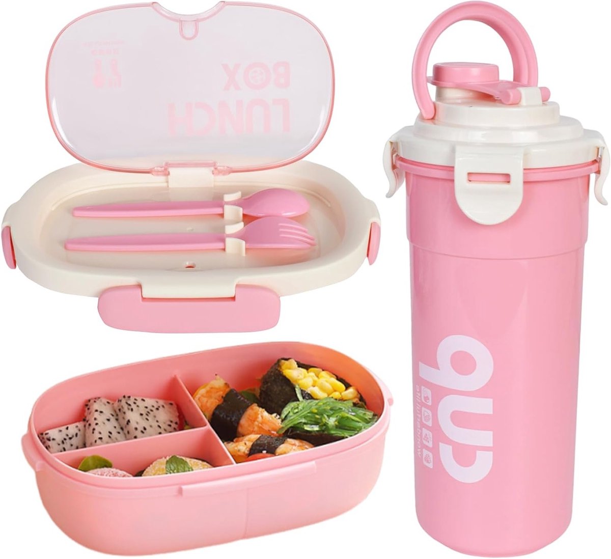 Bento Lunch Box voor Volwassenen 850 ml met 3 Compartimenten, Lekvrij en Magnetronbestendig, Inclusief Bestek en Snack Box, Roze