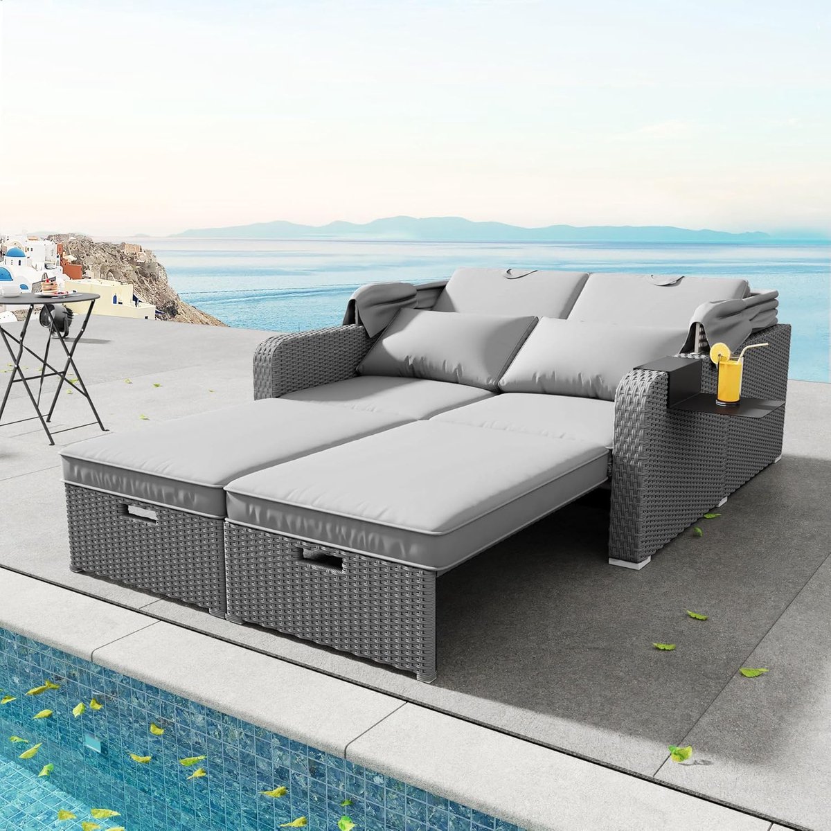 Tuinbank met Luifel 196x130x152 cm Polyrotan Loungesofa & Ligbed voor 2 Personen met Verstelbaar Uitschuifbaar Ligvlak, Inclusief Dikke Kussens en Afneembare Zonwering Grijs – Mobili Bella