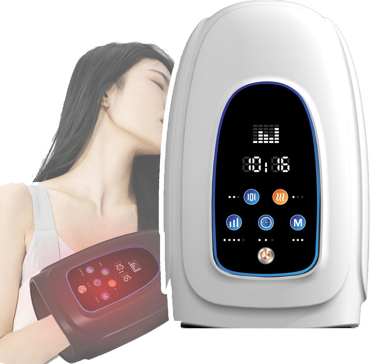 Handmassageapparaat, 3 standen, 5 intensiteitsniveaus, met verwarmings- en compressiefunctie, warmtebehandeling (39-45°C), timer, 2500 mAh, led-display, geschikt voor massage van vingers, pols en handpalm, wit