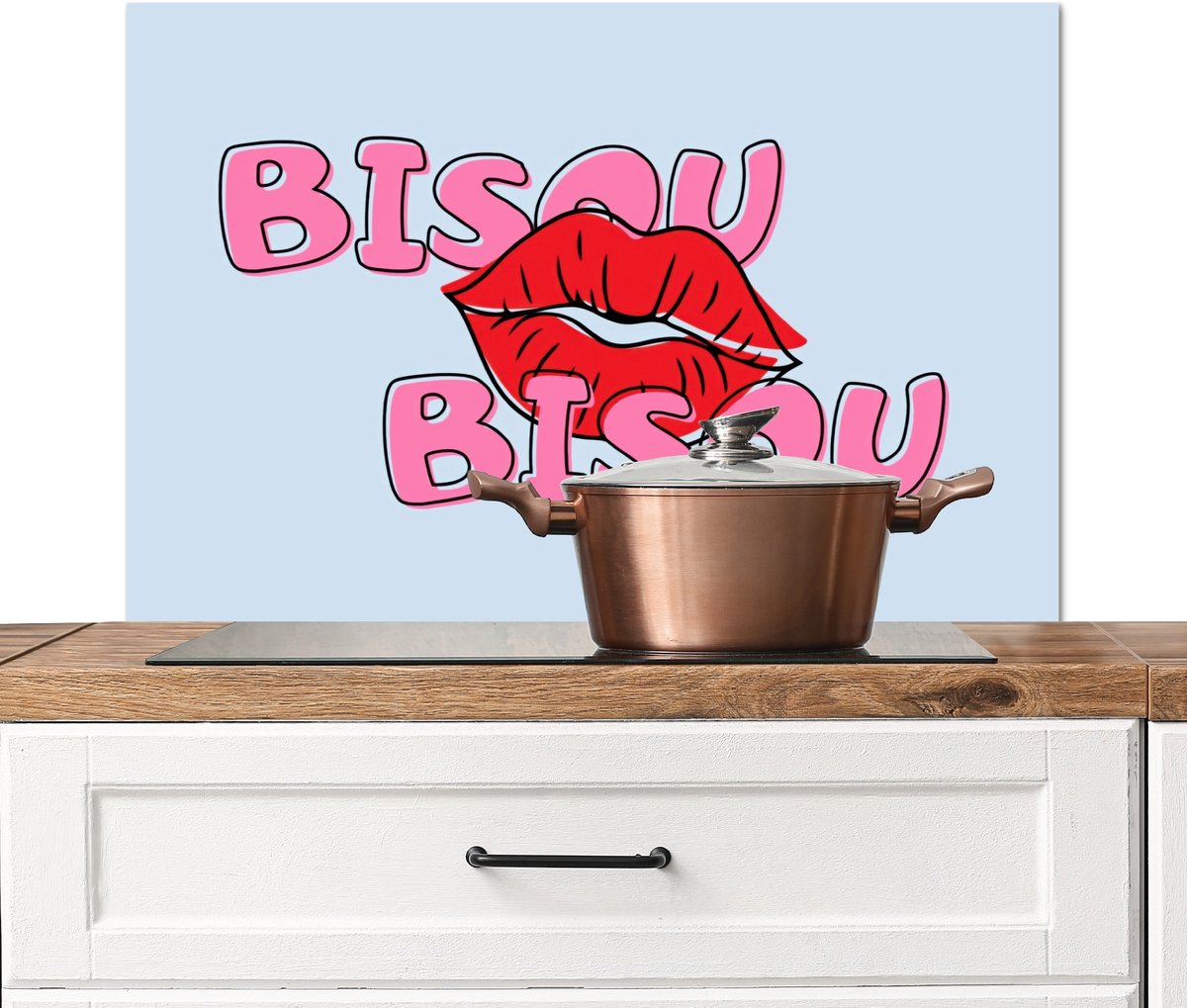 KitchenYeah Spatscherm keuken 90x60 cm Kookplaat achterwand Bisou Blauw Roze Lippen Muurbeschermer Spatwand fornuis Hoogwaardig aluminium