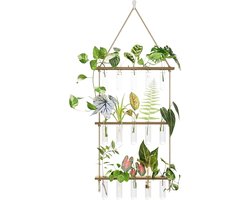 Propagation Station met Houten Stand, 5 Glazen Testbuizen voor Muurplanten, 3-Laags Terrarium voor Thuis en Kantoor, Hydroponische Snijplantenhouder en Decoratie