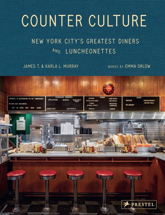 Boekomslag: 'Counter Culture New York City's Greatest Diners And Luncheonettes'. Diner interieur met rode krukken.