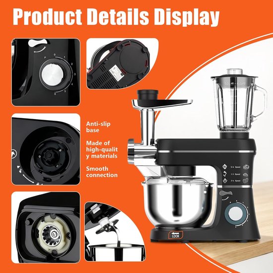 5-in-1 multifunctionele staande mixer, 1400W, 6 snelheden, kantelbare kop, vleesmolen, 10L roestvrijstalen kom, met deeghaak, mengklopper, garde, 1,5L sapbeker black — afbeelding 2