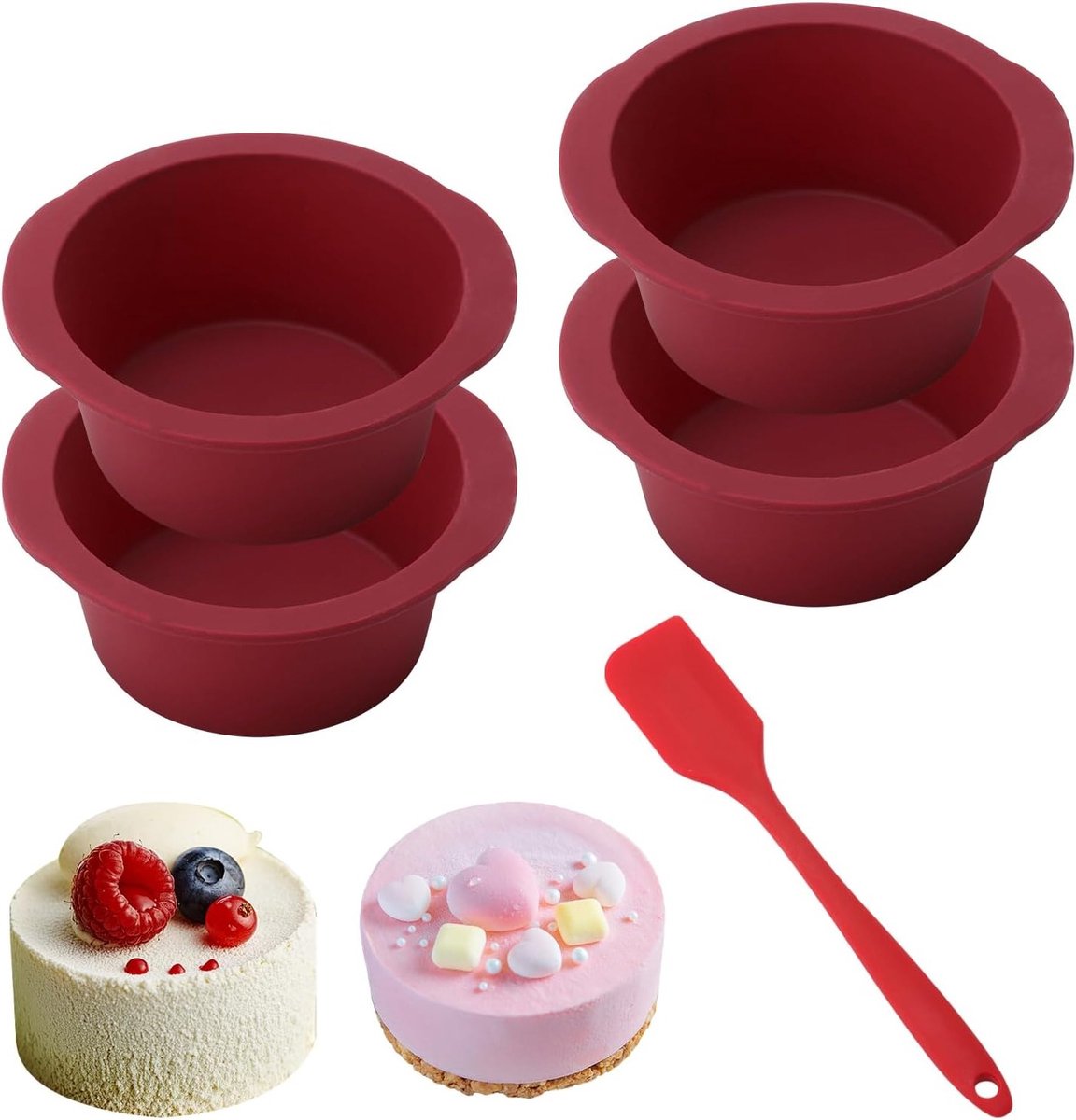 Ronde Siliconen Bakvorm Set van 4 met Deegschrapers, BPA-vrij, 12.7 cm voor Airfryer en Oven, Ideaal voor Muffins, Pudding en Taarten