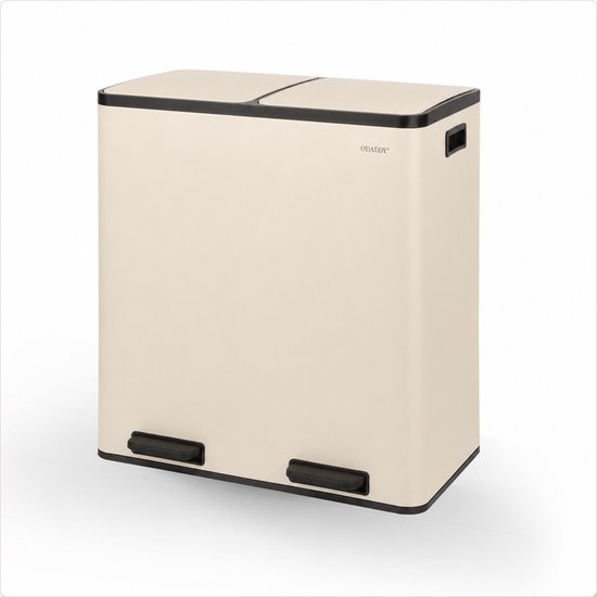 Beige prullenbak met twee vakken, zwarte randen en twee pedalen op de voorkant.
