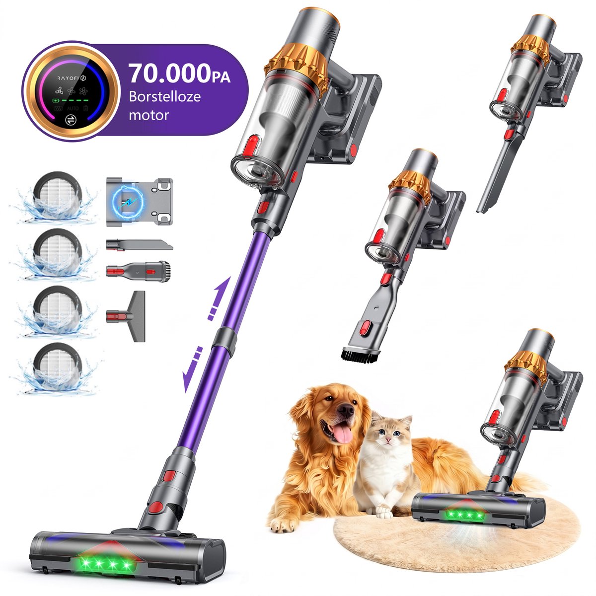 RAYOFI - Steelstofzuiger - Draadloze stofzuiger - 70000 PA zuigkracht - LED-display - Zakloos-werkt op batterijen - Geschikt voor dierenharen - Wordt geleverd met 4 verschillende opzetstukken - 3 zuigstanden - Anti-klit vloerborstel - 1,8 liter -Goud