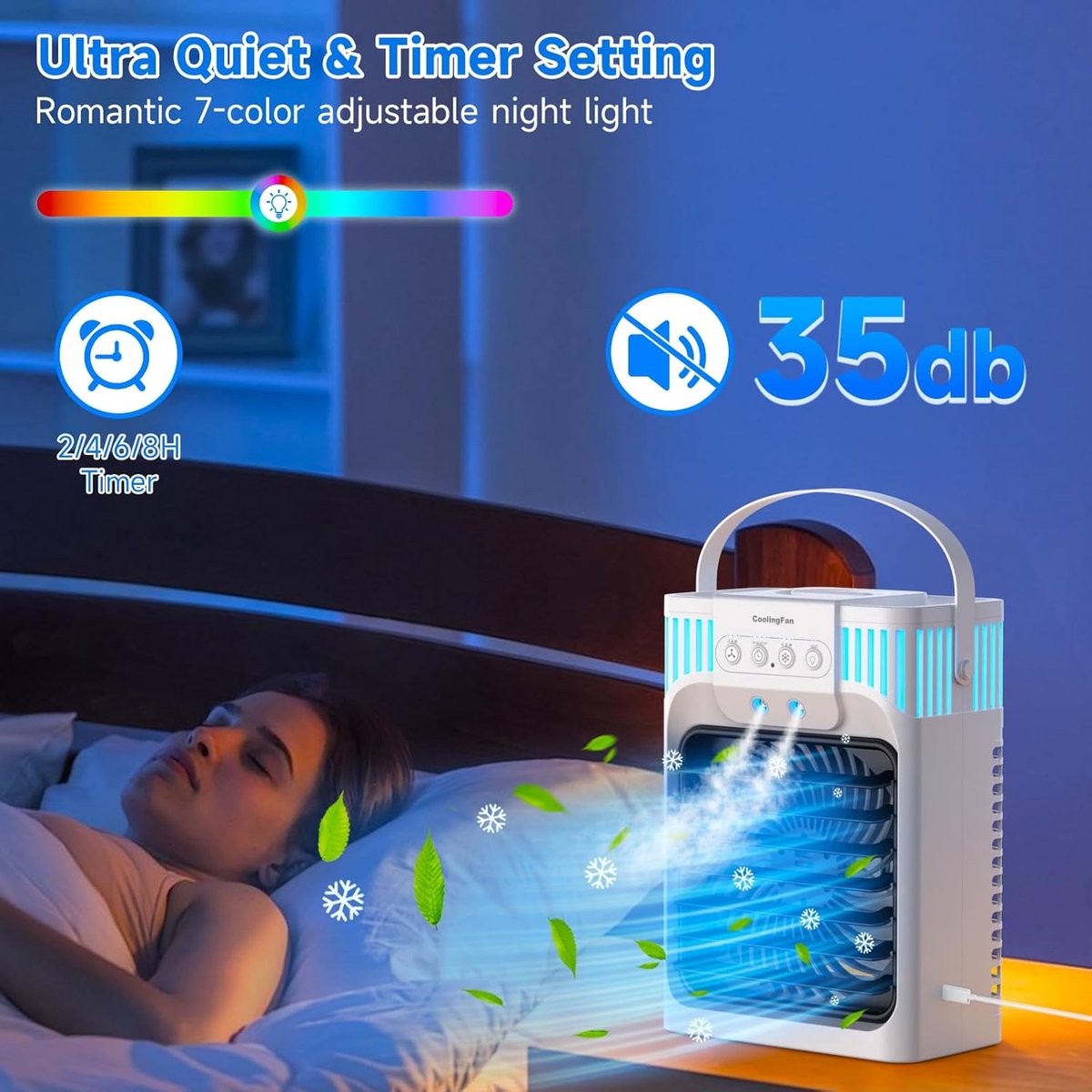 1200 ml mobiele airconditioner met afstandsbediening, 5-in-1 mobiel luchtkoelsysteem, 3 snelheden, 3 sproeistanden, 7 kleuren licht, 2-8 uur timer, mini-airconditioner voor kamer/kantoor — afbeelding 4