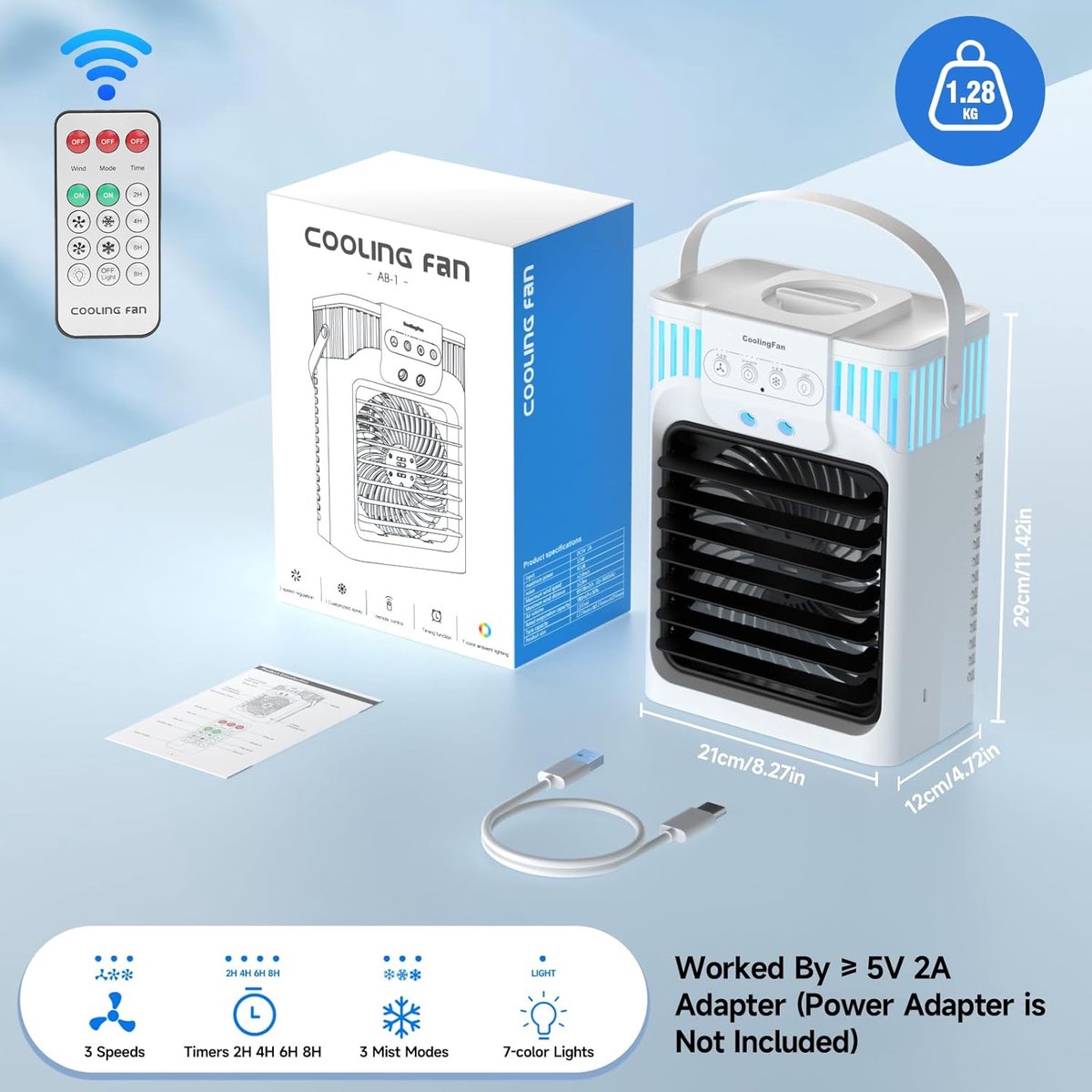 1200 ml mobiele airconditioner met afstandsbediening, 5-in-1 mobiel luchtkoelsysteem, 3 snelheden, 3 sproeistanden, 7 kleuren licht, 2-8 uur timer, mini-airconditioner voor kamer/kantoor — afbeelding 6