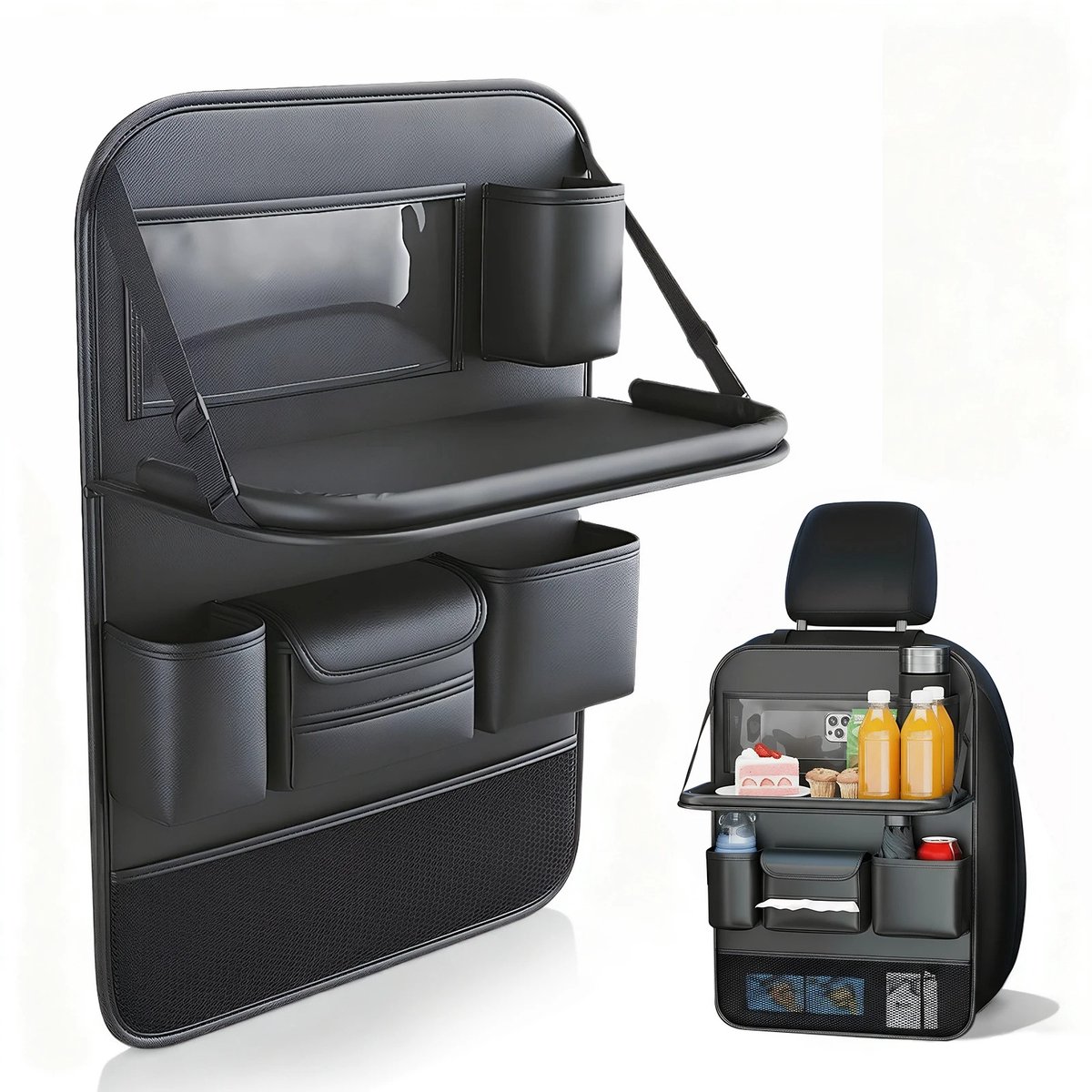 UrbanSelect Autostoel Organizer - Auto Organizer - 8 Vakken - Opklapbare Tafel - Ingebouwde Tablethouder - Verstelbare Riemen - Zwart