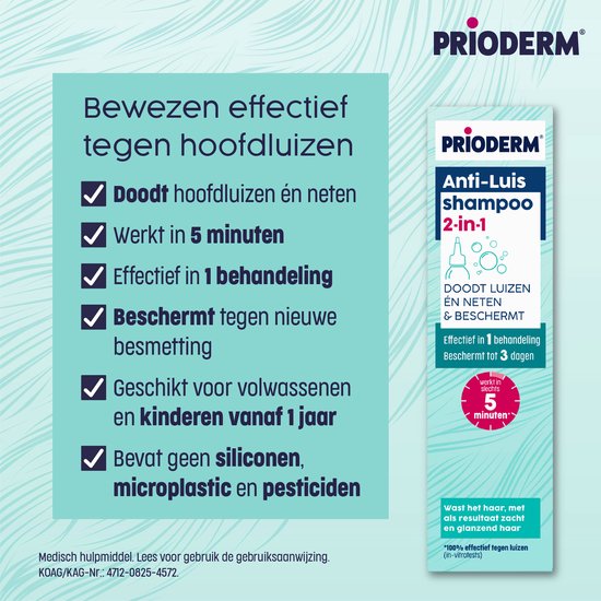 Prioderm Anti-Luis shampoo 2-in-1 - Doodt hoofdluizen en neten effectief in 1 behandeling - Werkt in 5 minuten - Handige applicator - Vanaf 1 jaar - 100ml