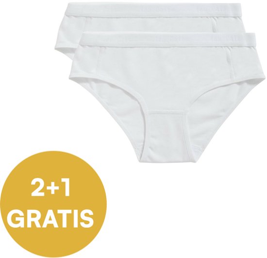 Twee witte slips met elastische tailleband. Met '2+1 GRATIS' cirkel.