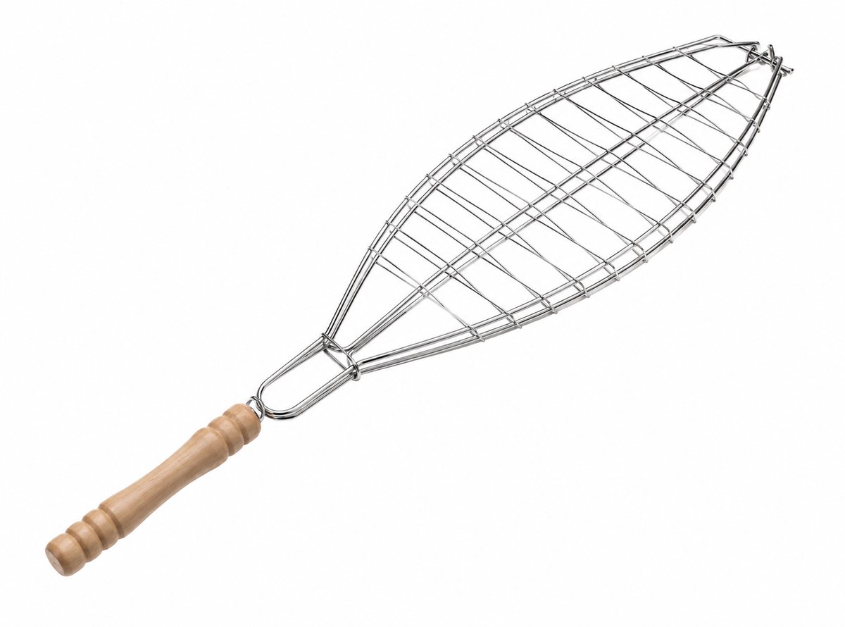 Parrilla BBQ Visklem RVS met Houten Handvat – Vis Grillklem voor Barbecue – Geschikt voor Vis en Groenten – 52,5 x 12 cm