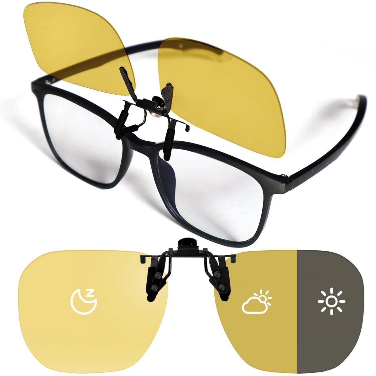 Dailygoods- Nachtzichtbril - Geel getinte fototrope lenzen - Nachtzichtbril overzet - Veilig autorijden - Verbeterd visueel contrast - Universele clip-on pasvorm - Vermindert schittering - Clip-on Zonnebril