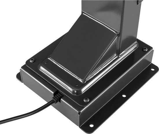 Zwarte metalen voet met een kabel, bevestigingsschroeven en een kabeldoorvoer.