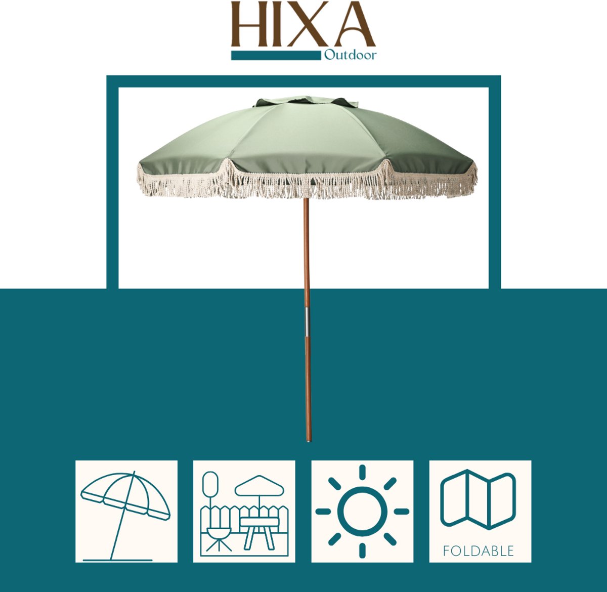 HIXA Parasol - Houten paal - Stokparasol - Groen - 180CM - Strandparasol - Tuin Accessoires - Balkon parasol - Bohemian - Ibiza - Stokdiameter 3cm - CHARLIE thumbnail 4