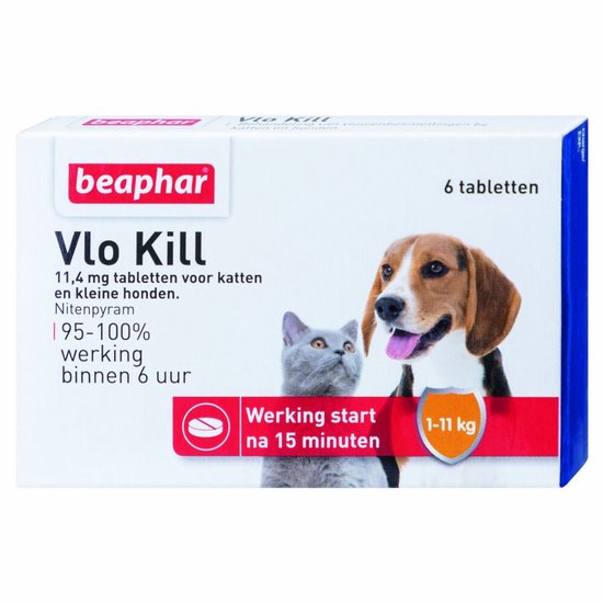 Beaphar Vlo Kill Anti Vlooien Tabletten Hond/Kat 1 -11 kg - 2 x 6 tabletten - Voordeelverpakking