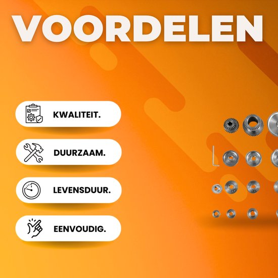 Lijst met voordelen: KWALITEIT, DUURZAAM, LEVENSDUUR, EENVOUDIG. Met afbeeldingen van tandwielen.