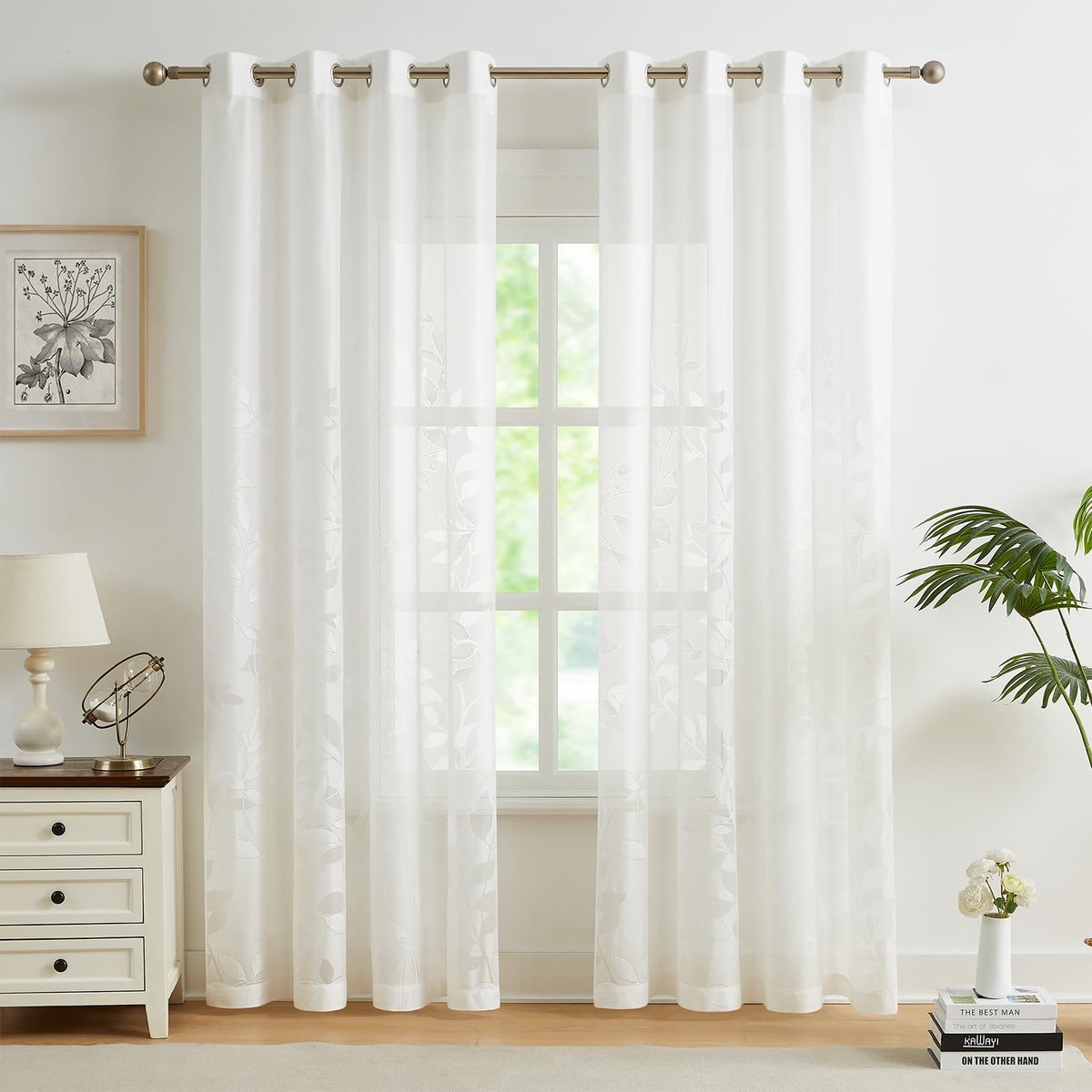 Unyqoos ® Elegante Jacquard Kanten Gordijnen met Bladerpatroon voor Slaapkamer en Woonkamer - Set van 2 Stuks wit