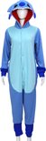Blauwe Stitch onesie met Stitch' gezicht op de capuchon, voorzijde.