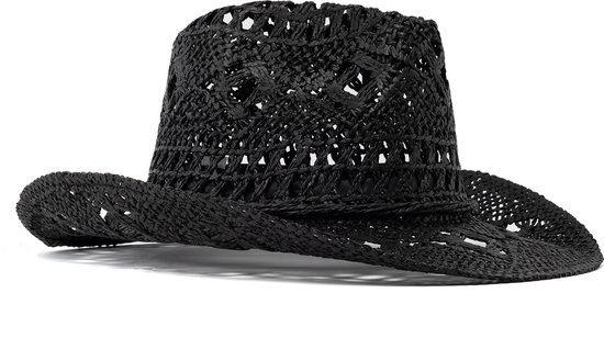 KIMU Cowboyhoed Raffia Zwart - Zwarte Gevlochten Stro Cowboy Western Hoed Dames Heren - Cowgirl Strohoed Yellowstone Carnaval