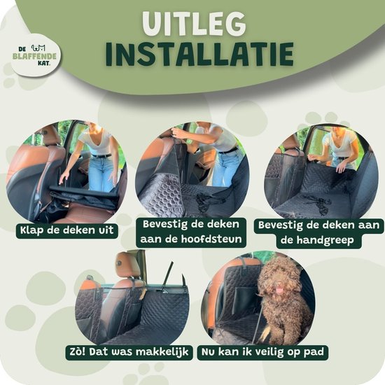 Installatie van de hondendeken in de auto: uitklappen, bevestigen aan hoofdsteun en handgreep.