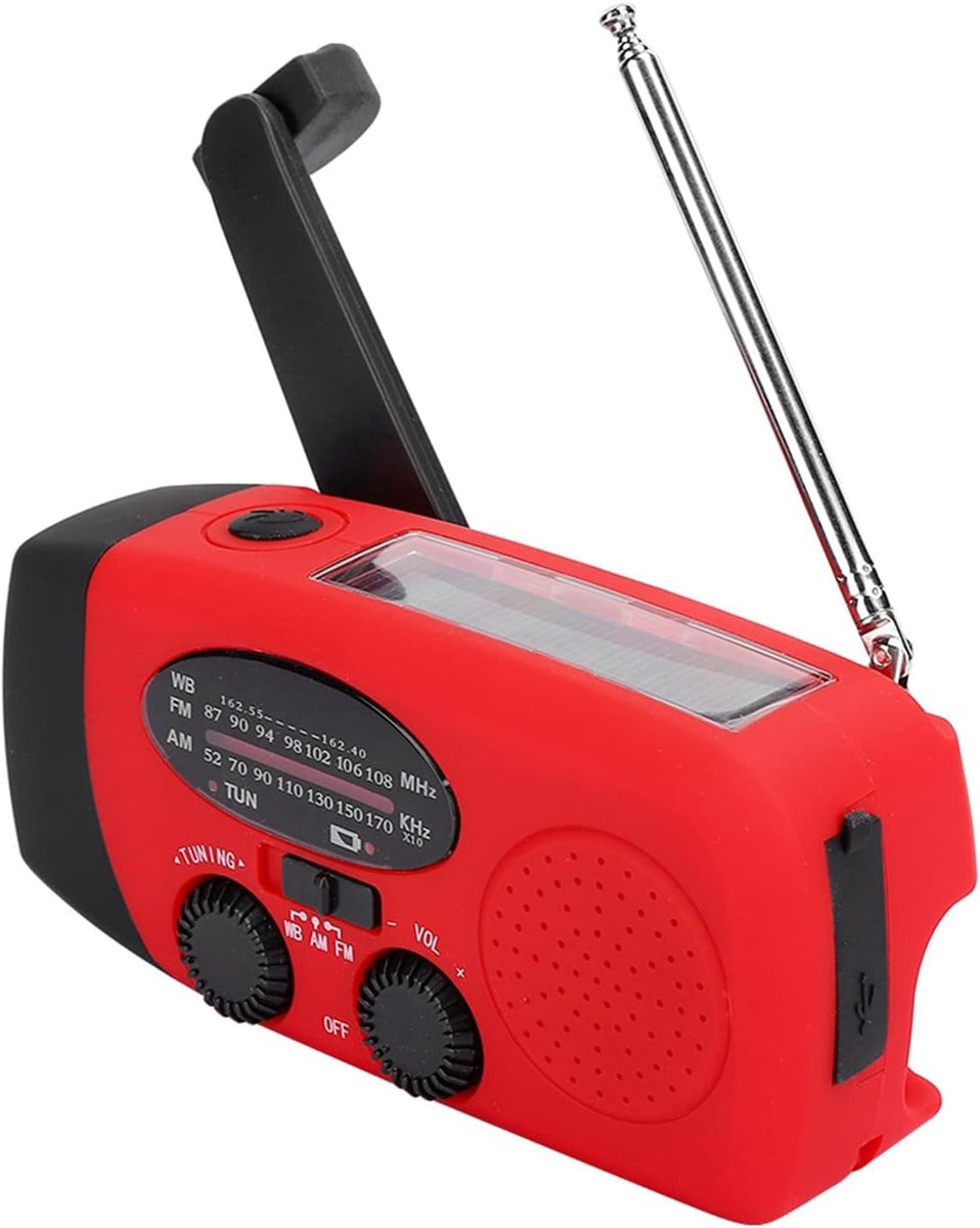 Noodradio - Solar Opwindbaar - Solar powerbank - 400mAh - Zonneenergie - Survival Noodpakket - Zaklamp Oplaadbaar - AM/FM - Noodrantsoen - Rood