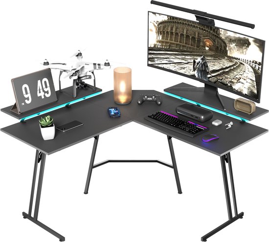 Aufun Hoekbureau - Gaming Bureau - 120x73x50 cm - L-vormig - Game Bureau met LED Verlichting - Incl. Monitor Standaard Computer Tafel - Gaming Tafel