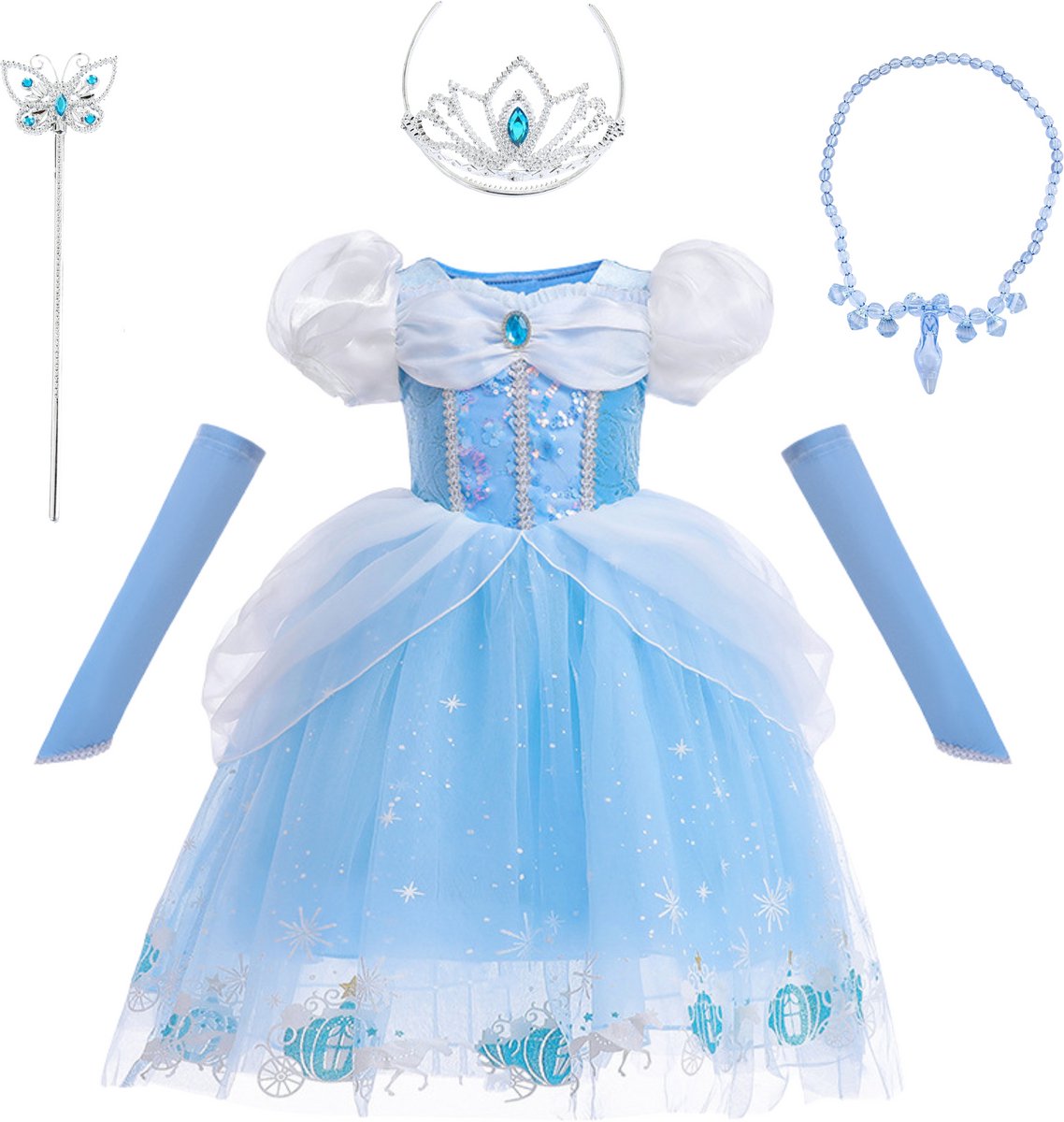 Joya Kids® Licht Blauwe Verkleedjurk Meisjes | Prinsessenjurk Lichtblauw met Accessoires | Kroon, Staf, Handschoenen & Sieraden | Carnaval & Verjaardag | — afbeelding 2
