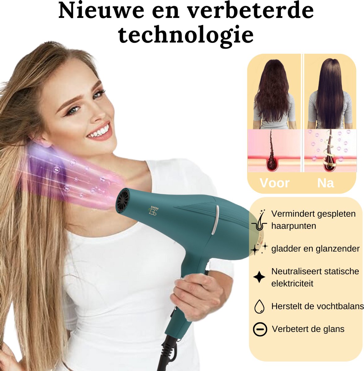 BAESS Föhn met Diffuser - 5 Standen - Ionische Haardroger met Borstel - Coolshot - 2200W - Haarföhn - Krullen - Hair dryer - Groen thumbnail 6