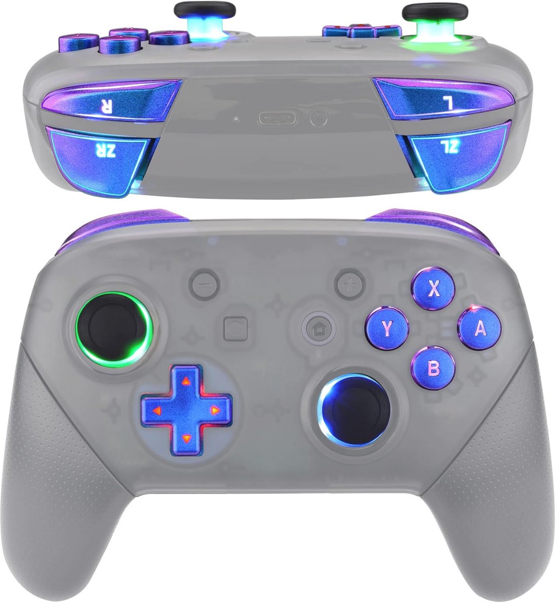 Veelkleurige Verlichte Duimsticks en Knoppen voor Switch Pro Controller - 9 Kleurenmodi - Eenvoudige Installatie
