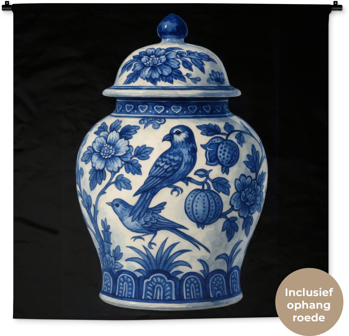 Wandkleed 120x120 cm - Wanddoek Pot - Delfts Blauw - Bloemen - Wandtapijt - Wandkleden