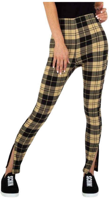 Geruite skinny broek met splitjes beige M