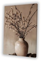 Keramieken vaas met takken - Stilleven - Woonkamer schilderijen - Japandi - Huis decoratie - Slaapkamer muurdecoratie - Woonaccessoires - Canvas schilderij 60x90 cm