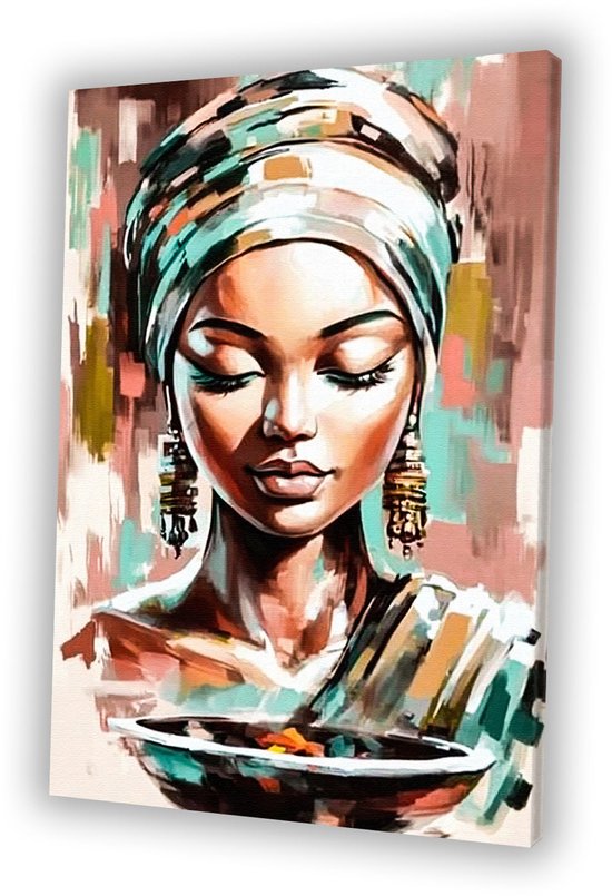Stijlvolle vrouw met kleurrijke hoofddoek - Vrouw schilderij op canvas - Canvas portret - Expressionisme - Vintage schilderij - Canvas schilderij woonkamer - canvas 50x70 cm