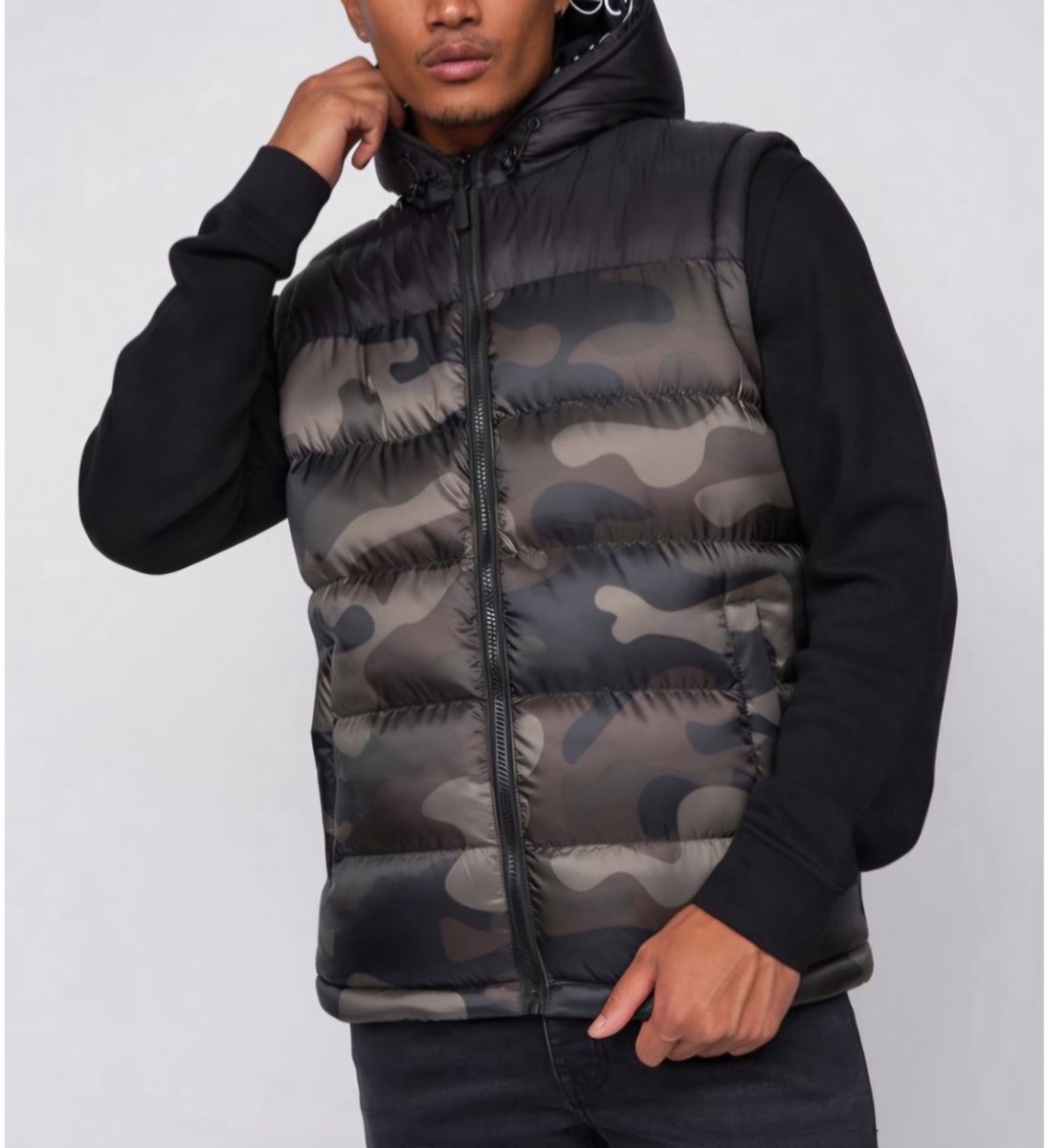 Crosshatch Heren Bodywarmer – Gewatteerd – Camouflage – Met Capuchon Creme