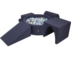 KiddyMoon schuimspeelplaats met rond ballenbad (200 ballen) ballenbakken voor baby's speelbad hindernisbanen, made in the eu, donkerblauw:pearl/grijs/transparant/babyblauw/minze