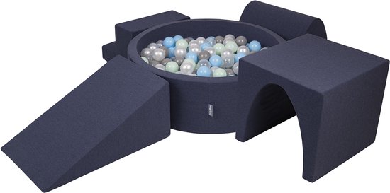 Aire de jeux en mousse KiddyMoon avec piscine à balles ronde (200 balles), piscines à balles pour bébés, parcours d'obstacles, fabriqué dans l'UE, bleu foncé : perle/gris/transparent/bleu bébé/minze