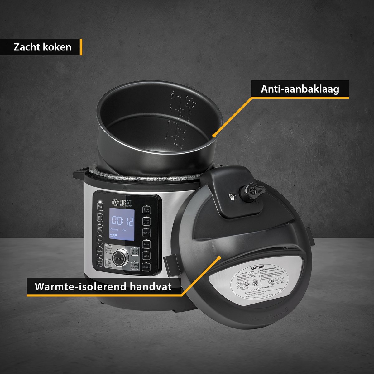 Afbeelding 2 van TZS First Austria Multicooker - 6L - 1000W - Snelkookpan - Rijstkoker - 12 Kookfuncties - RVS - Timer - Zilver