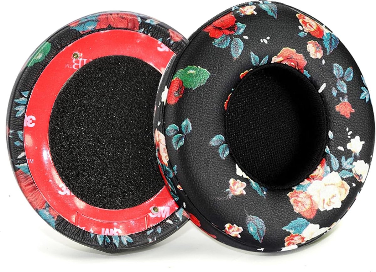 Vervangende Oorkussens voor Draadloze On-Ear Hoofdtelefoons - Zwarte Bloemen, Memory Foam en Eiwit Leer