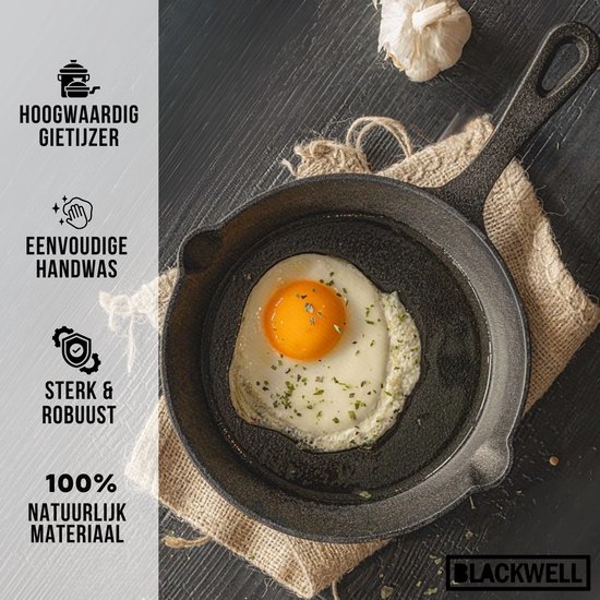 Blackwell Koekenpan Gietijzer / Skillet – Ø 16 cm – Zonder Antiaanbaklaag – Compacte Gietijzeren Pan voor Eieren, Mini Pannenkoeken of Eénpersoonsgerechten – Geschikt voor Inductie, Oven, BBQ en Open Vuur – Oerdegelijk, Hittebestendig en Duurzaam