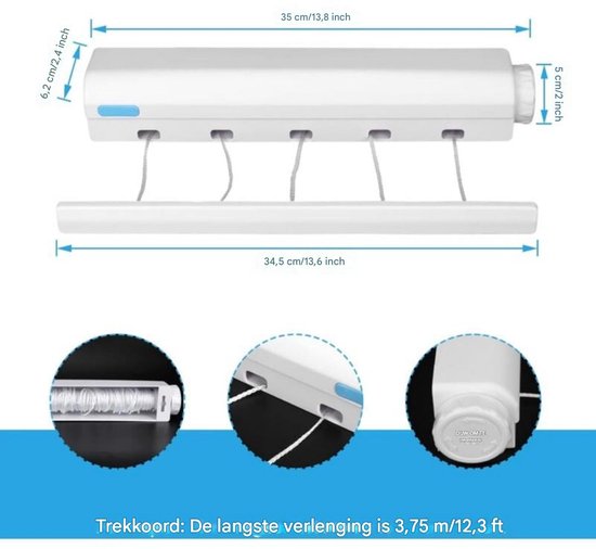 Urban Nouk Droogrek wasrek - wandmontage - intrekbaar - inklapbaar wasrek voor binnen of buiten - ruimtebesparend compact slank design (wit, 100 cm