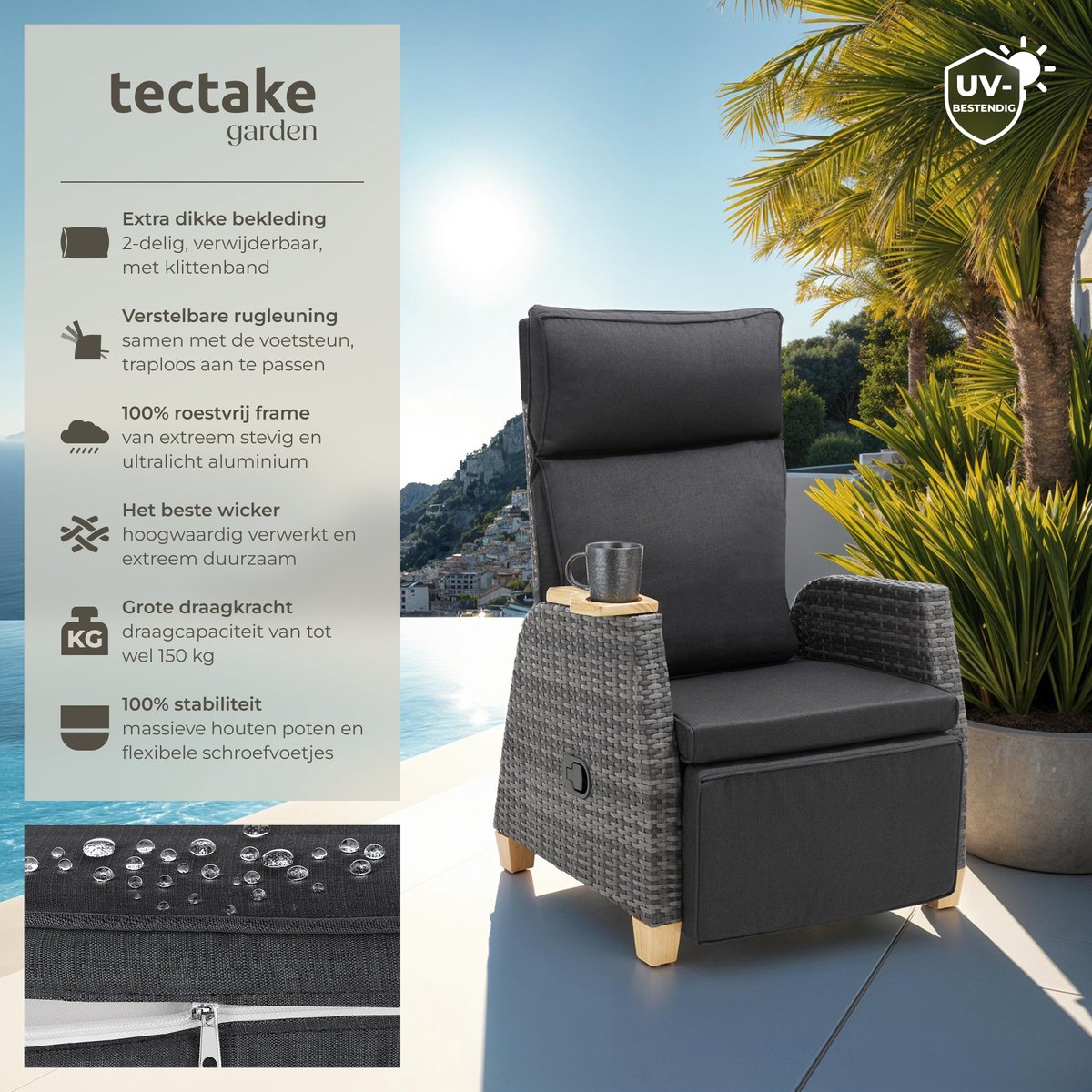tectake® Set van 2 Wicker Buitenfauteuils - Tuinstoel met Hoge Rugleuning - Met Voetsteun en Verstelbare Rugleuning - Relaxstoel met Ligfunctie - Loungestoel voor Tuin - Ligstoel - Leesstoel - Incl. Ruimte voor Beker/Glas – foto 2
