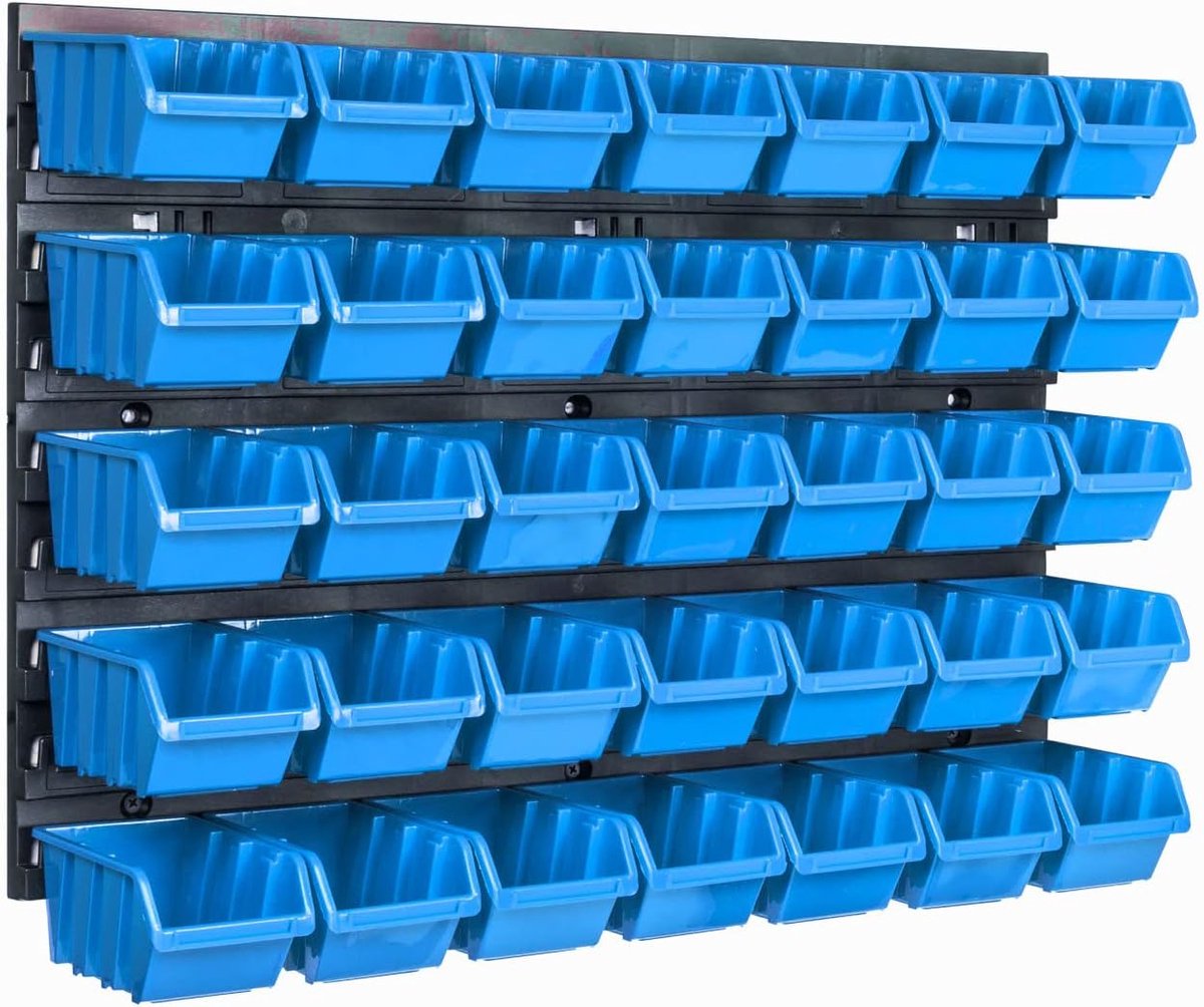 Wandrek met 35 Stapelboxen | Uitbreidbaar Opslagsysteem voor Werkplaats en Garage | Ruimtebesparende Opbergoplossing